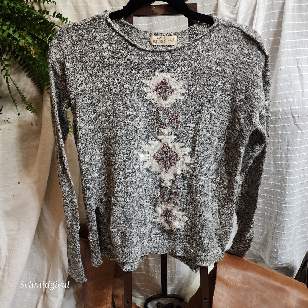 Hollister Womens Southwestern Marled Knit Sweater Gray Geometric XS/S